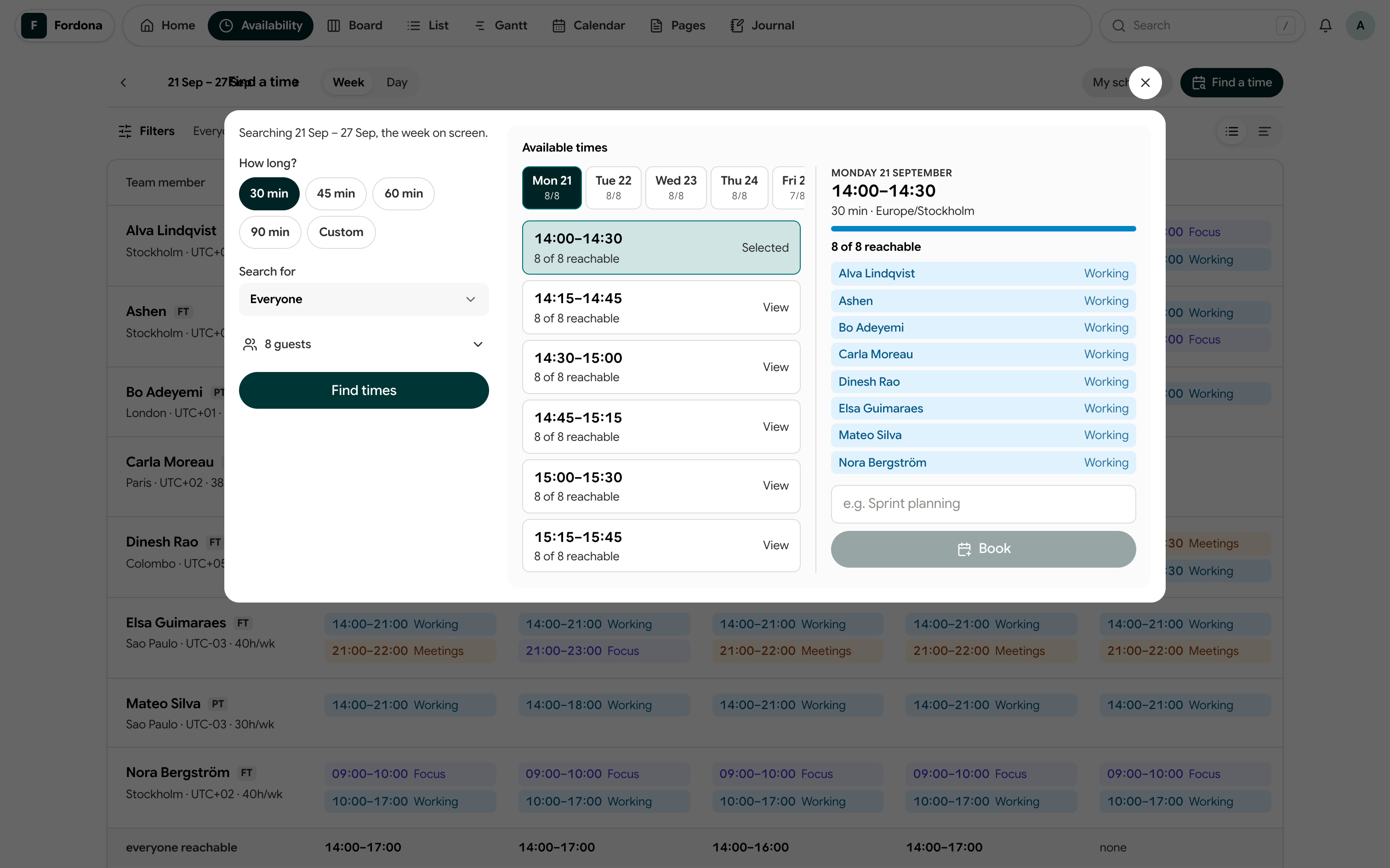 Actual Pitwall Find a time dialog with meeting durations, available slots, attendee availability, and a booking action.
